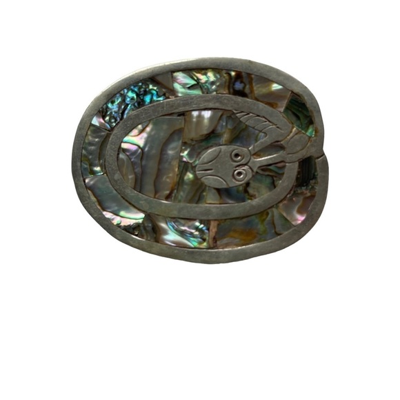 Vintage Alabone Shell Silver Large Belt Buckle Owl Bird Inlaid 1940s Mexico - Picture 1 of 9